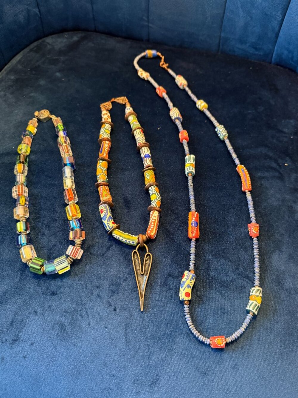 Lot of 3 Handmade African Krobo Bead Necklaces Multi Color Glass Statement